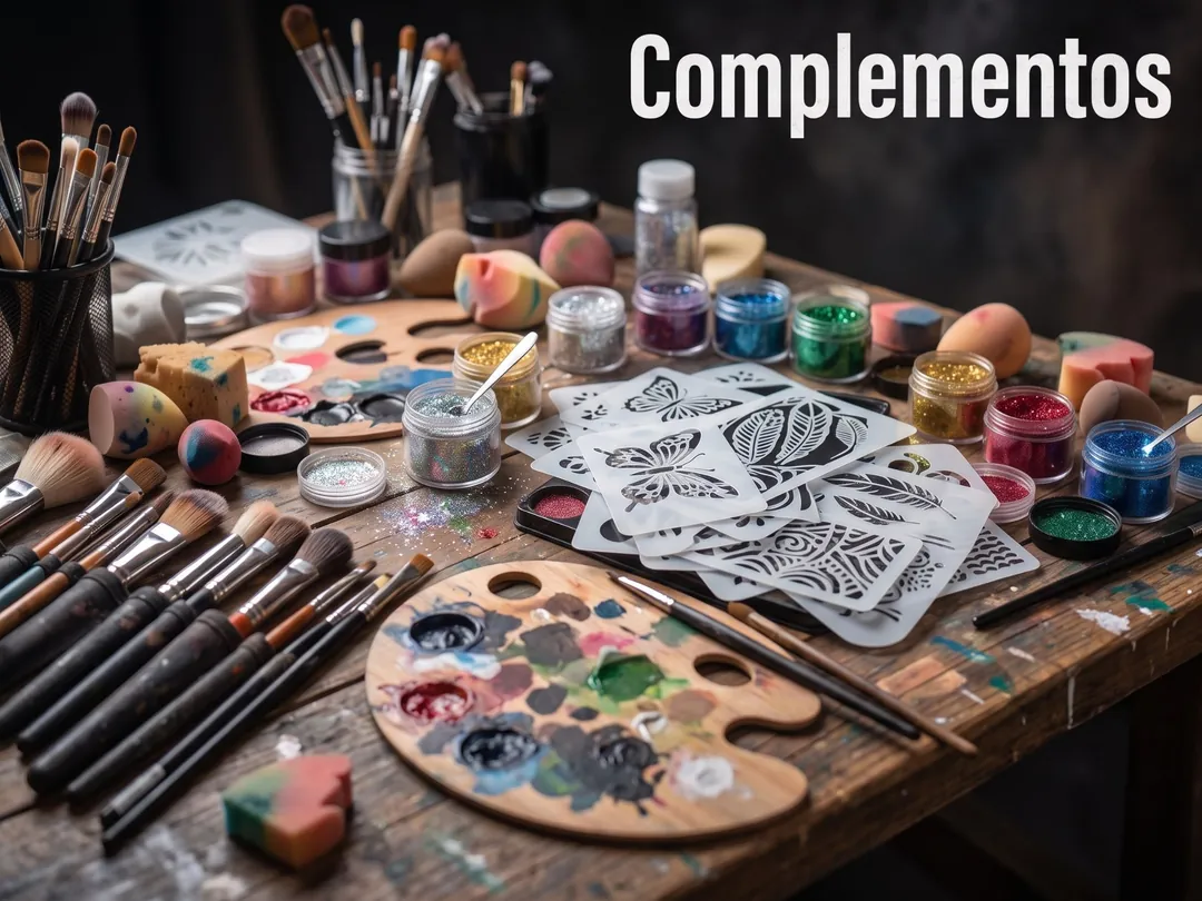 Complementos: glitters, stenciles, esponjas y pinceles